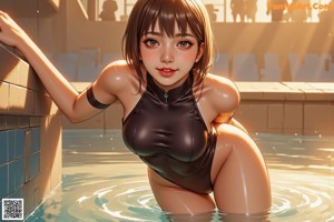 A woman in a black bathing suit sitting in a pool.