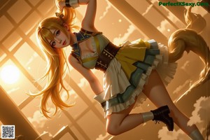 Anime girl with long blonde hair in a yellow and white dress.